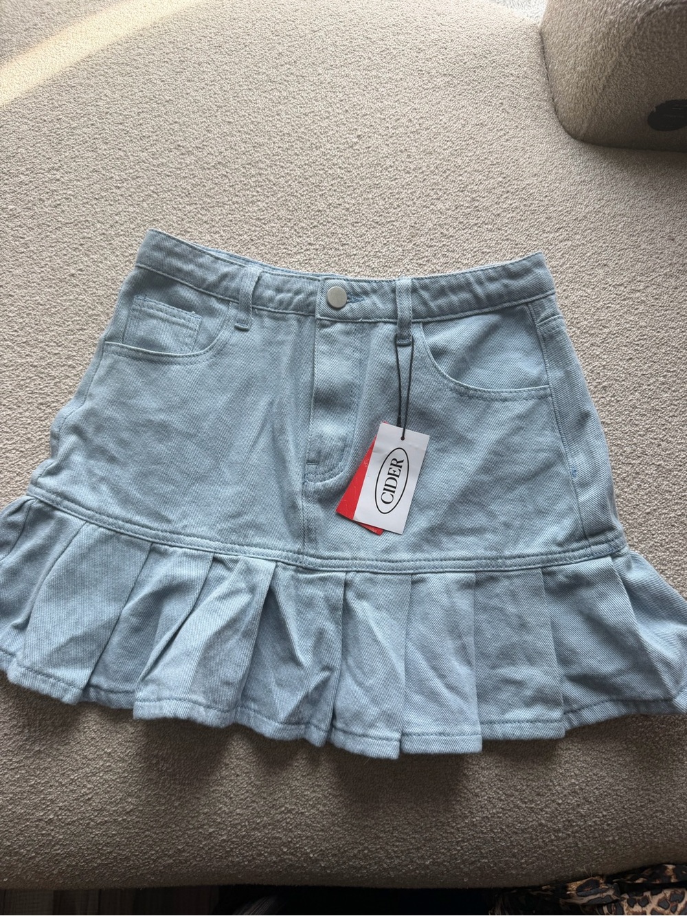 Cider Pale Blue Ruffle-Hem Denim Mini Skirt